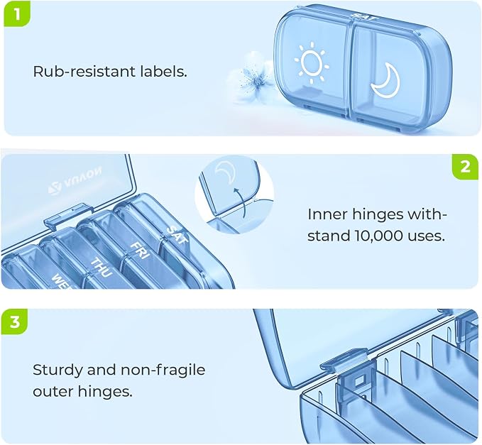 AUVON Weekly Pill Organizer 2 Times a Day, One-Side Large Opening, Easy‑Use | XL AM PM Pill Case, Travel Pill Box 7 Day, Medication Organizer for Medications, Vitamins, Fish Oils, Supplements, Ocean Blue