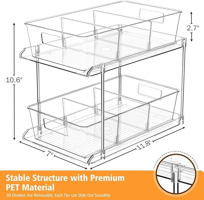 Bathroom Under Sink Organizers and Storage, 2 Tier, 2 Packs | Clear Vanity Countertop Pull-out Cabinet Organizer, Stackable Multi-Purpose Kitchen Pantry Organization with Dividers