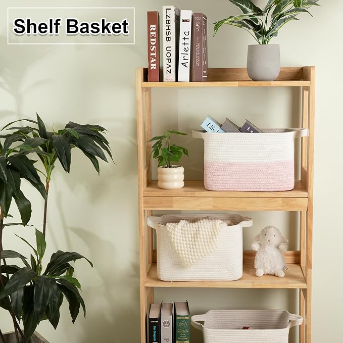 OIAHOMY Woven Storage Basket for Shelves, Rectangle Cotton Rope Baskets for Organizing, 13 x 10 x 9 in, Storage Bins for Dog Toys,Towel,Books,Gift, White