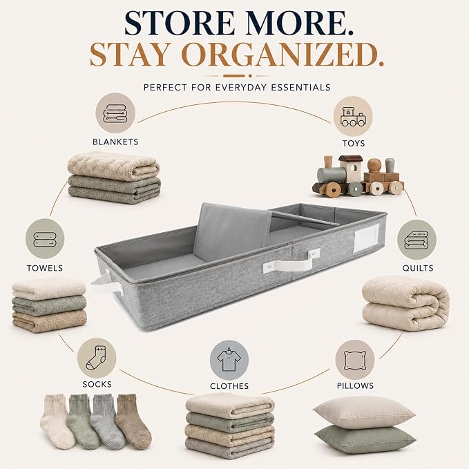 HOMELUX THEORY Under Bed Storage, Large 2pc with Lid, Light Gray | Drawer-style pull-out design, Fits blankets, clothes, fabric & shoes, Bins with lids, Bedroom & closet storage