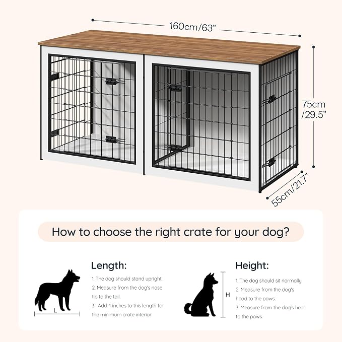 HOOBRO Dog Crate Furniture for 2 Dogs, 63" Large Double Dog Crate Furniture with Divider, Wooden Indoor Kennel TV Stand for Medium Large Dogs, White and Walnut WH55GW03