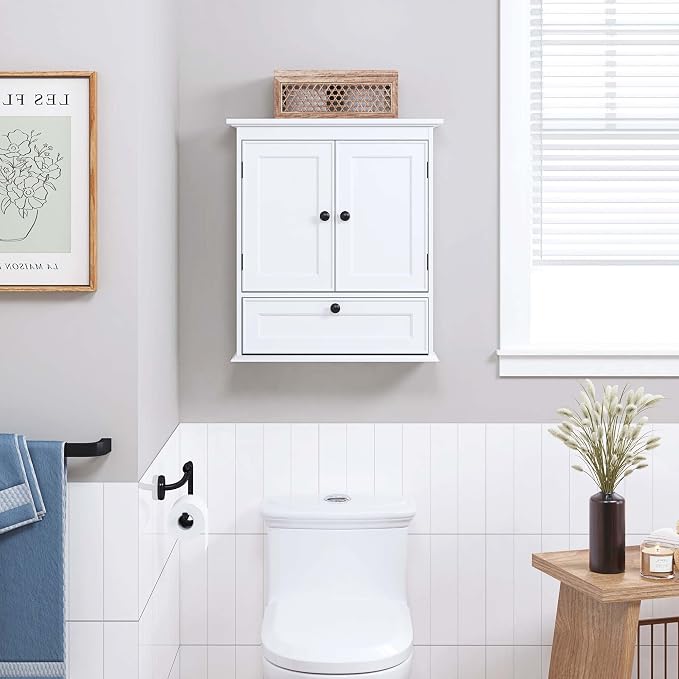 Spirich Bathroom Wall Cabinet, White Medicine Cabinet with Doors | Adjustable Shelf, Lower Tilt-Out Cube, FSC-Certified MDF, Space-Saving Concealed Storage for Toiletries, Towels, or Medicine