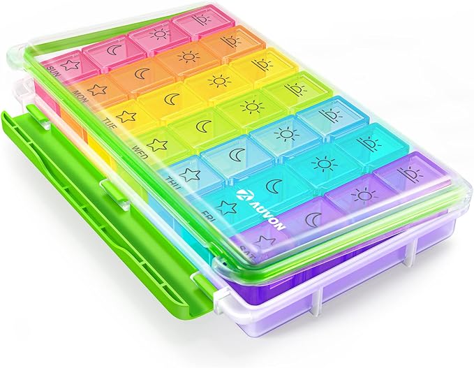 AUVON Large Moisture-Proof Weekly Pill Organizer 4 Times a Day, BPA-Free | 7 Day Pill Box Case with Portable Design for Travel, Removable Individual Containers Hold Vitamins, Supplements, Medications