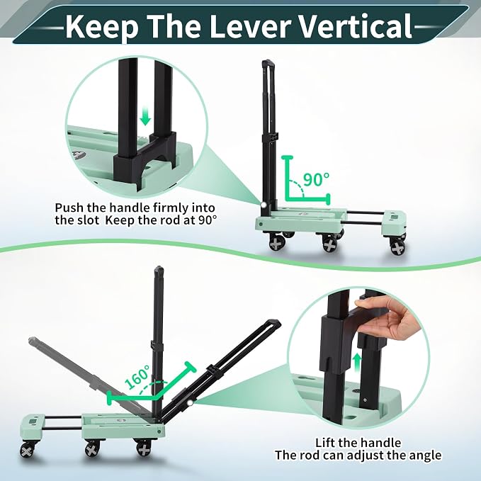 GtIiFmTe Foldable Hand Truck, Lightweight Luggage Cart for Airport Car Seat | Compact Folding dolly with Rotating swivel wheel,storage size12×15.7×4.1",300lbs Load,Upright Lock Handle with 3bungee cords