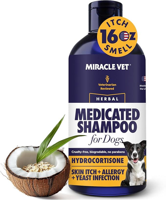 Miracle Vet Medicated Dog Shampoo for Itchy Skin Relief - Antifungal for Dog Allergy Relief, Yeast Infection, Hot Spot & Dry Skin Anti-Itch Treatment Wash - Hydrocortisone (16 oz)