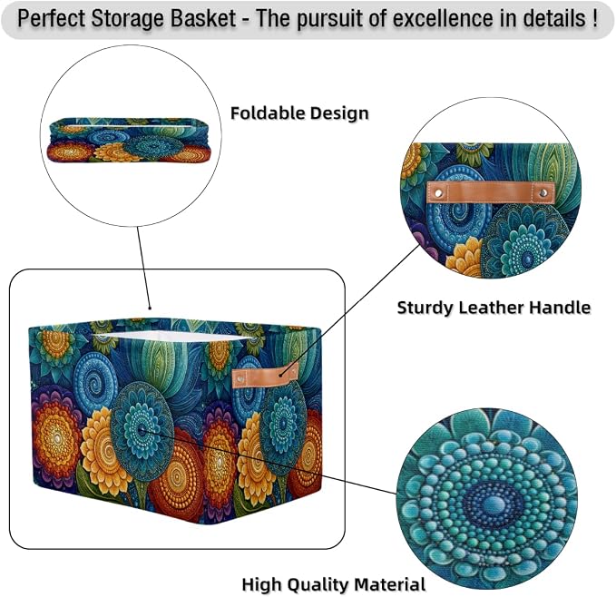 Mandala Basket Storage Bins Rectangle Canvas Basket Cube Storage Box | Nursery Foldable Basket with Handle for Kids Girls Boys Toys Living Room Closet Organizer Shelf Gifts Colorful Bohemian