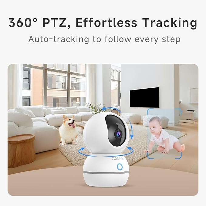 Noorio 2K 4MP Indoor Security Camera,UHD 360° PTZ Pet Camera,2.4GHz,CS201 | One-Touch Call, 24/7 Continuous Recording, 360° PTZ Coverage, Night Vision, Auto Motion Tracking, Two-Way Audio, 2.4 GHz WiFi