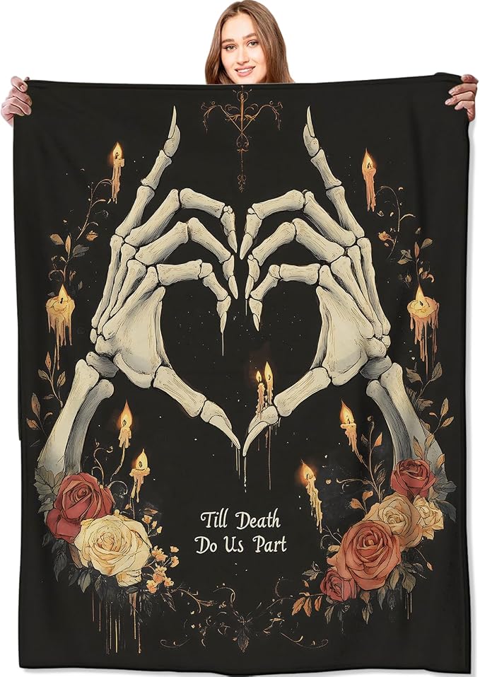 Gothic Skeleton Heart Blanket Goth Hand and Rose Throw Blankets,Birthday Gifts for Kids Adult,Lightweight Soft Fleece,Romance Lovers,Sofa Couch Bed Room Horror Halloween Decor 40x50in