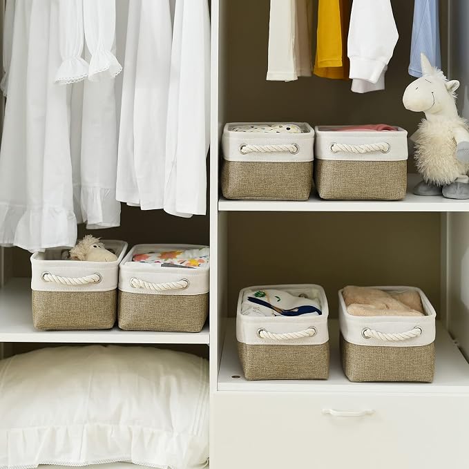 Storage Basket for Shelves - 12x8x5.2 inch Small 6 Pack Collapsible Storage Bin for Closet with Handles, Fabric Storage Cubes for Cloth Organizer Gift Toy Decorative (White & Khaki)