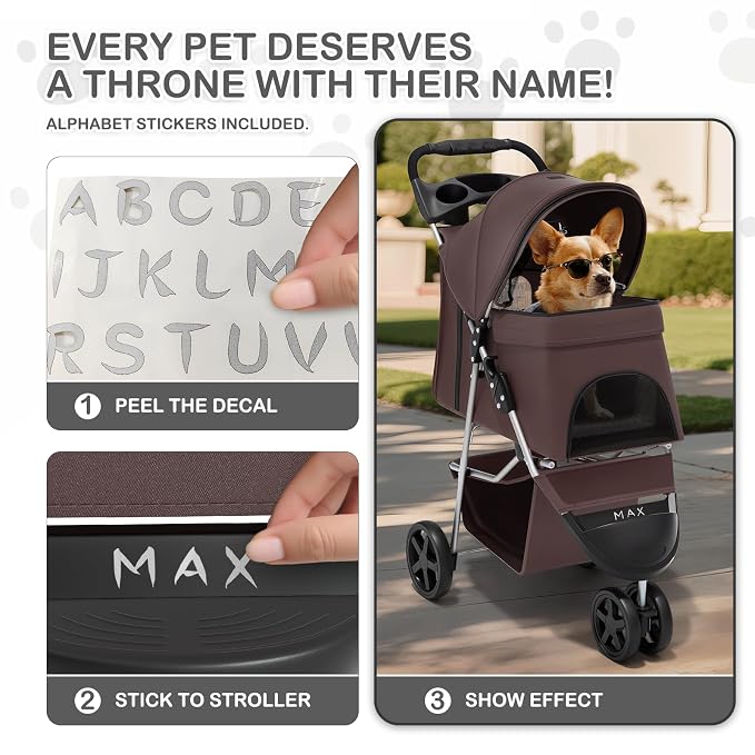 MoNiBloom Pet Stroller for Small/Medium Dogs and Cats up to 33 lbs, Coffee | Foldable Dog Stroller 3 Wheels Pet Strolling Cart w/ Storage Basket Cup Holder, Breathable and Visible Mesh for All-Season