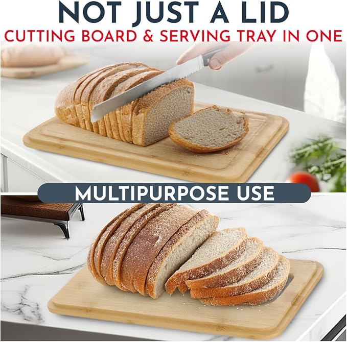 Bread Box for Kitchen Countertop, Homemade Bread - Bamboo Cutting Board Lid | Large Bread Box for Homemade Bread - Storage Bread Box with Cutting Board Lid