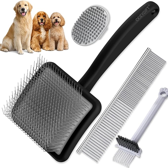 Slicker Brush for Dogs, Large Long Pin Dog Grooming Brush for Doodles Goldendoodles Poodles Labradoodle Bernedoodles, 4 Pcs Wooden Handle for Mats Tangles - Black