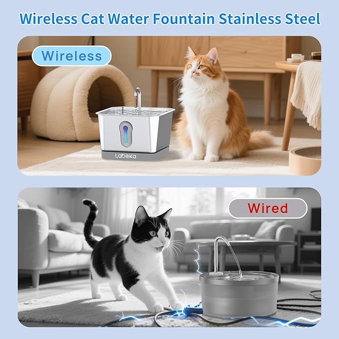135oz/4L Wireless Cat Water Fountain, [304 Stainless Steel]&[Water and Electricity Separation Safety Design], Pet Fountain for Cats Inside, Easy to Clean for Cats and Dogs (Silver+2Filters)