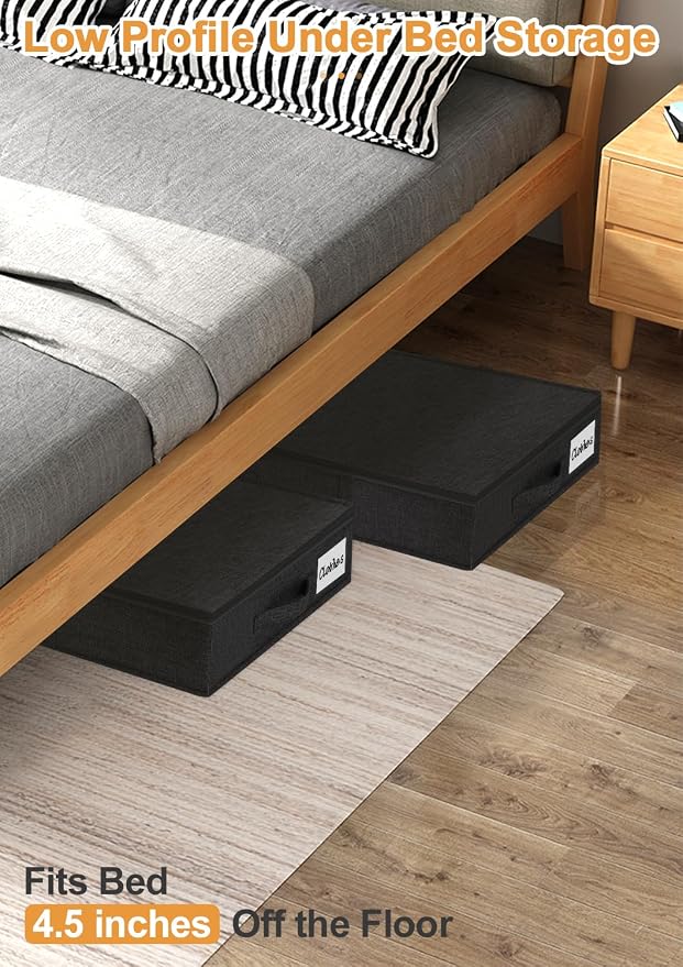 punemi 4.5 in Tall Low Profile Under Bed Storage Containers, 2 Pack, Black | Structured Clothes Organizer Bin with Reinforced Sides & Bottom, Shallow Design for Dorm, Couch, Crib & Closet Storage