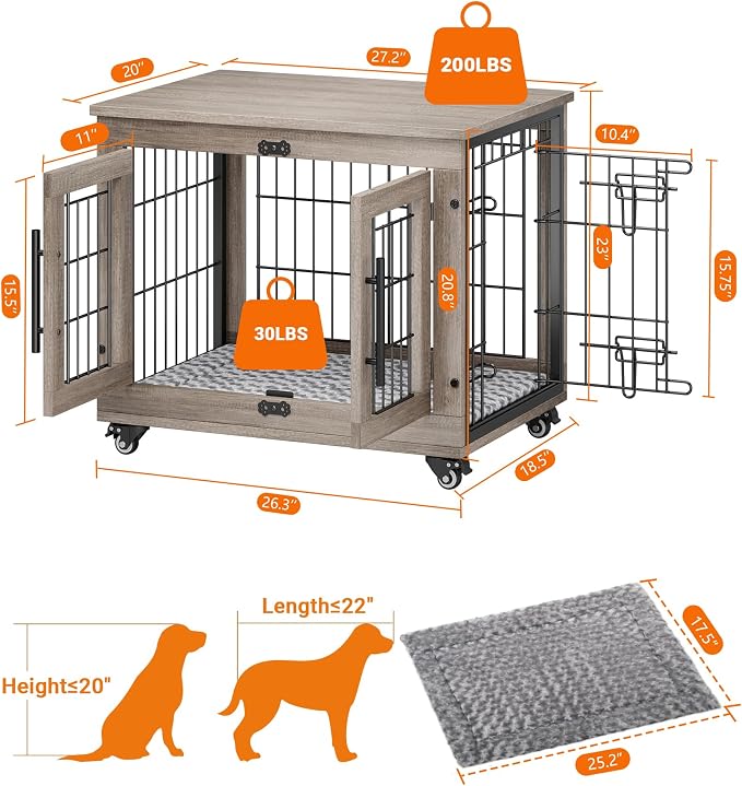 YaFiti Dog Crate Furniture, 27.2" Wooden Dog Kennel, 2 Pack, Grey | for Small Dogs, Up to 30 lb, Cushion, Wheels, Double Doors, Furniture Style, Side End Table, Decorative Pet Cage House