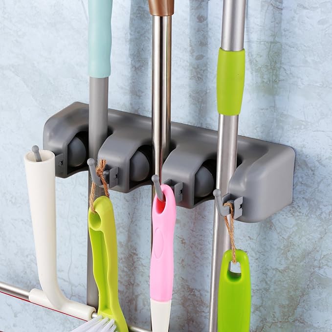 TOGU Mop and Broom Holder Wall Mounted 3 Position Storage Rack with 4 Retractable Hooks Holds up to 7 Tools Utility Weatherproof Holder for Garage Storage Systems Broom Organizer,Gray
