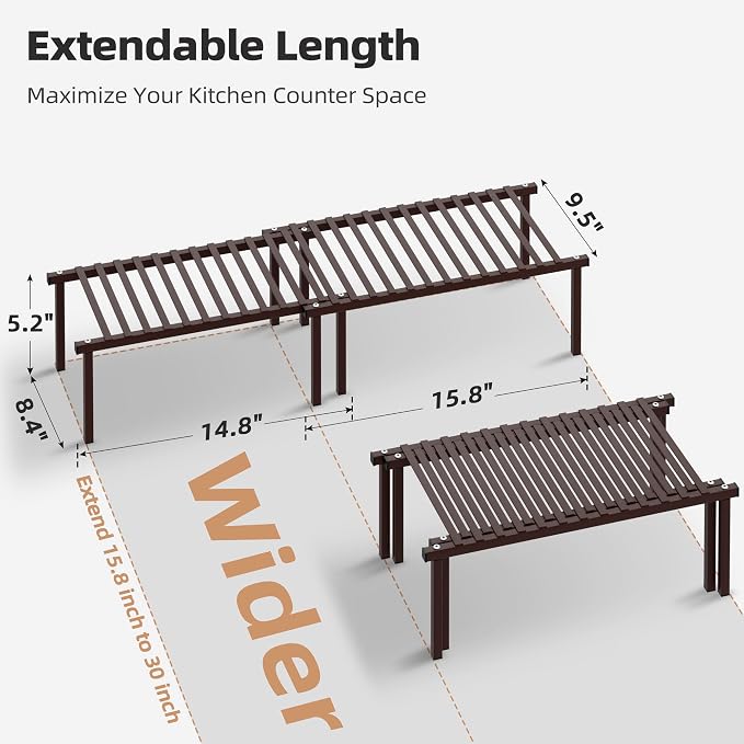 STORAGE MANIAC Expandable Cabinet Organizer Shelf, Set of 4, Brown | 15.8 inches Expandable, Stackable Wire Shelf, Spice Rack, Metal Pantry Storage for Plate Dish, Kitchen Counter Shelves