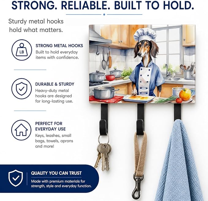 Caroline's Treasures Saluki The Chef Leash or Key Holder Wall Hooks, Key Hooks Holder, Coat Rack Wall Mount, Coat Hooks, Hooks for Hanging Keys, Towels, Aprons, Leashes | Saluki The Chef artwork on ceramic tile with three steel hooks for keys, leashes,...