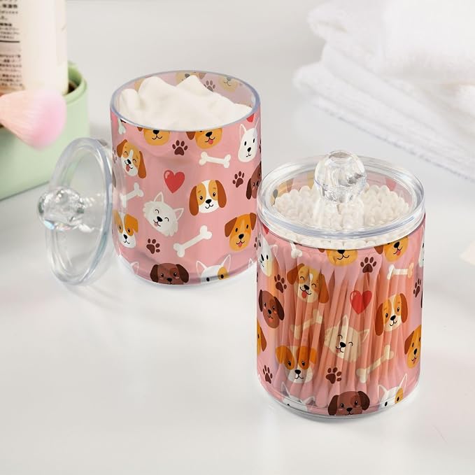 2 Pack Plastic Cotton Swab Ball Pad Holder Pets Dogs Pink Pattern Jars Bathroom Storage Organizer Holder Canisters with Lid for Hair Accessories Cotton Ball Pads Hair Clips