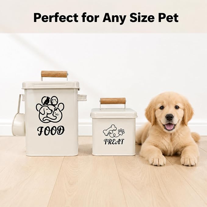 Airtight Dog Treat Container Set of 2 | Iron jars, 26 cup capacity, food-grade coated, includes 1 scoops, keeps treats fresh, fits kibble & biscuits, white