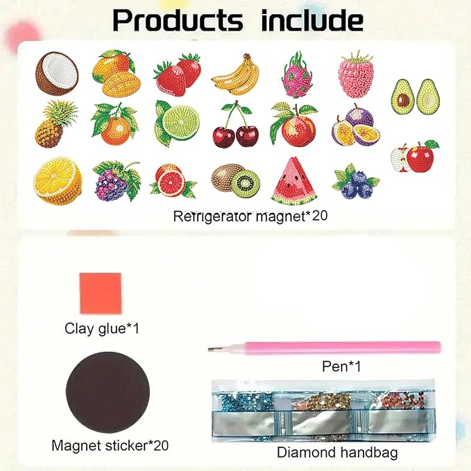 20pcs Fruit 2D Acrylic DIY Diamond Painting Fridge Magnets | Fridge Magnets 20 Pieces Diamond Painting Kit 2D Acrylic PET Magnetic Food Series DIY Art Home Car Decor Beginners Gift