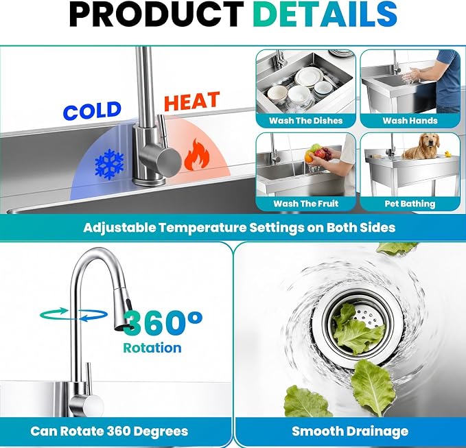 Multi-Use Utility Sink, 304 Stainless Freestanding Sink | All-in-one wash & storage design, suitable for backyards, farms, salons and pet grooming stations.