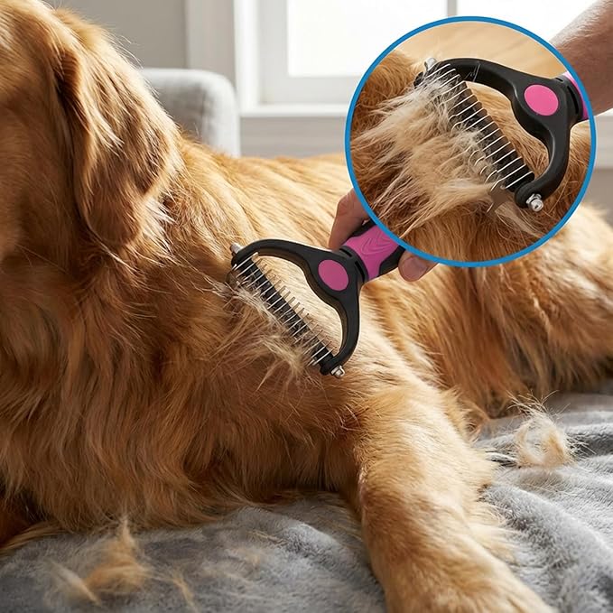 PETIMP STORE 4PCS Self Cleaning Slicker Brush, Pet Grooming Rake, Bath Brush & Massage Brush for Short/Long Haired Dogs, Cats & Horses, Pet Grooming Deshedding Tools - Pet Supplies (Pink Black)