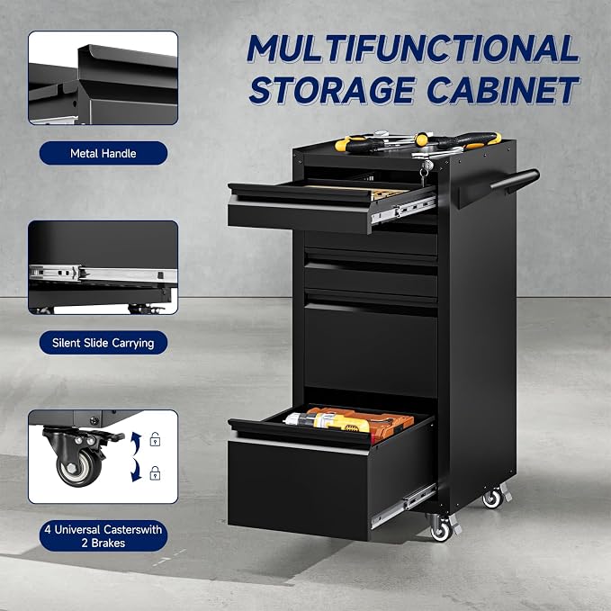 5-Drawer Metal Tool Storage Cabinet with Wheels,Rolling Tool Chest with Drawer and Locking Keys,Heavy Duty Tool Storage Organizer for Garage,Warehouse,Workshop
