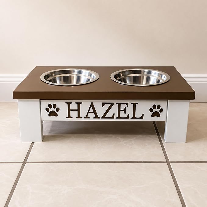 Personalized Dog Bowls Stand for Small Dogs, Wood Elevated Feeding Station | Farmhouse Style, Stainless Steel Dishwasher Safe Bowls, Raised Anti-Slip Feeder, Made in USA