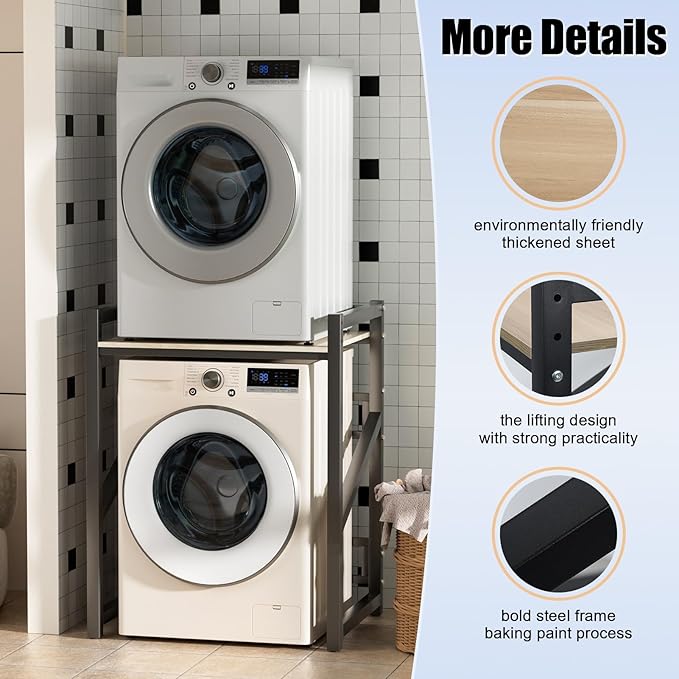 Washer Dryer Stacking Rack Stand, 660lbs Capacity Heavy Duty Washing Machine Storage Utility Rack with Countertop, Height Adjustable Washing Machine Shelf for Laundry Rooms Bathrooms