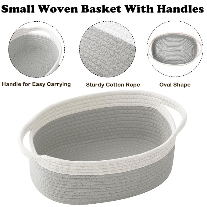 Small Woven Rope Basket with Handles, White&Grey | Empty Gifts Basket with Bag and Ribbons, Cute Handle Organizer Box, Birthday/Baby Shower, Toy Storage