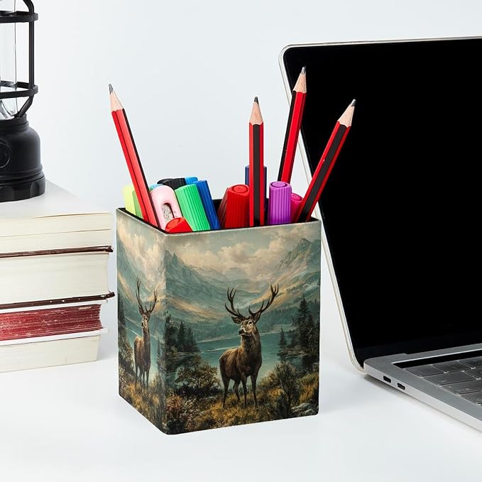 Retro Deer Pen Holder for Desk Decor, Rectangular PVC Leather Pencil Cup for Desk Pen Organizer, Makeup Brush Holder for School, Home, Office