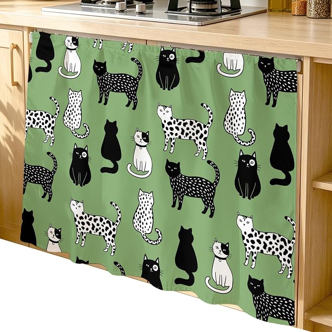 Cat Animal Cabinet Curtain 35"Wx35"L,Dustproof Under Sink Skirt with Self Adhesive Tape,Sage Green Earthy Tone Vintage Pet Modern Cabinet Curtain Cover for Kitchen Sink,Bathroom Vanity,Laundry Room