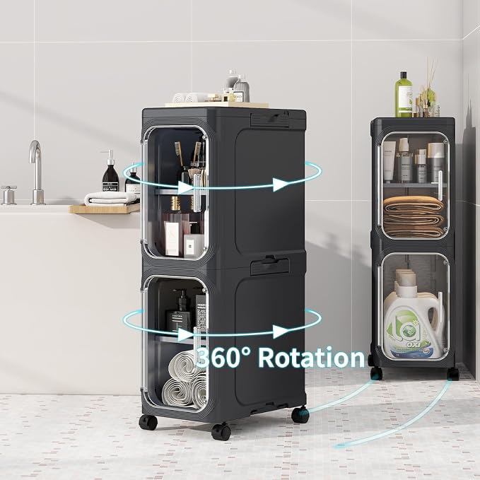2 Tier Slim Bathroom Storage Cabinet, Foldable and Movable, Black | Tools Free, ABS and PET, Magnetic Clear Door, Adjustable Shelves, Lockable Wheels, Water Resistant, For Narrow Space