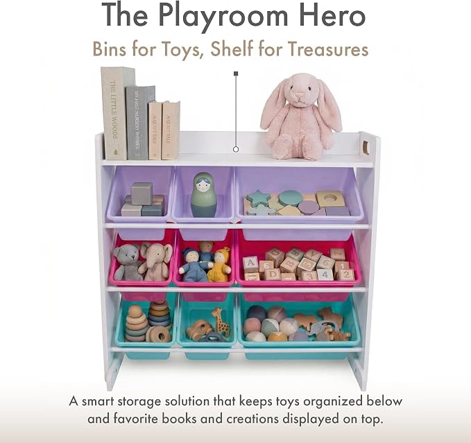 Humble Crew Kids Toy Organizer with Display Shelf, 9 Bins, 3 Tier Storage | Sturdy wood and steel toddler shelf, removable BPA-free containers, wall anchor anti-tip safety kit for bedroom or classroom