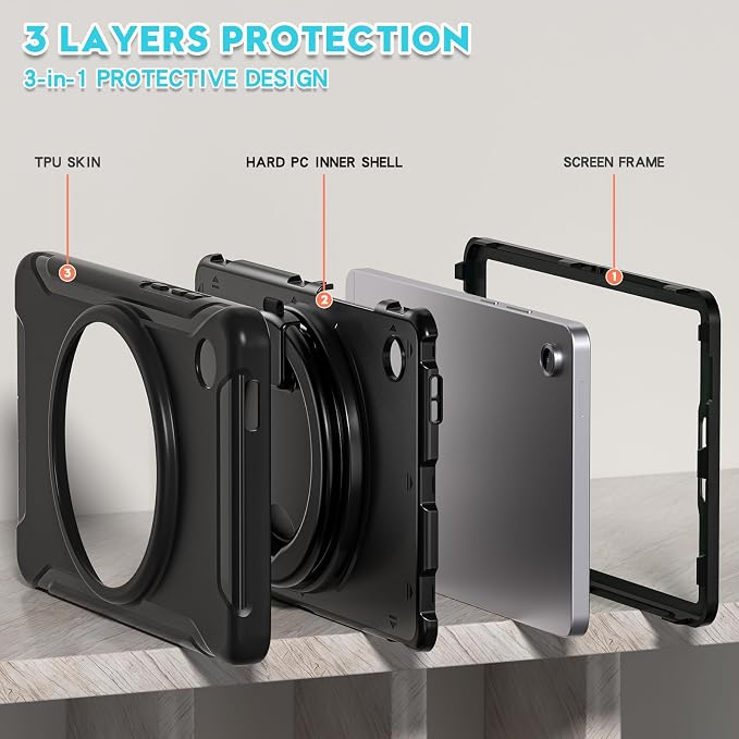 Heavy Duty Shockproof Case for Samsung Galaxy Tab A11 8.7 Inch 2025 (Model: SM-X133/X135/X135F) - with 360° Rotating Stand Handle, Built-in Screen Protector,Kid-Friendly Protective Cover (Black)