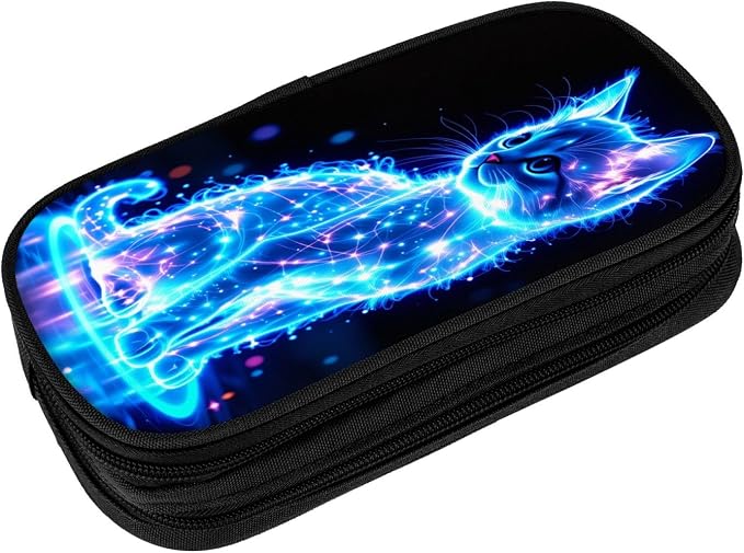 Glowing Cat Pencil Pouch, Oxford Cloth Pen Case With Double Zipper Compartments, Portable Stationery Organizer For Office Supplies, Travel Accessories Makeup Items