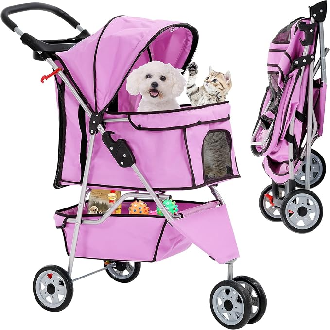 TTY Store Best 3 Wheels Pet Stroller for Dog Cat or Small Pet, Lightweight Foldable Pink