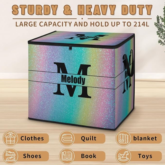 Personalized Extra Large Storage Basket with Lid, Comforters, Bedding Quilt Storage Bin Initial Letter for Home, Collapsible Basket for Clothes, Moving, Car Trunk, Colorful Blue Yellow Pink Bling
