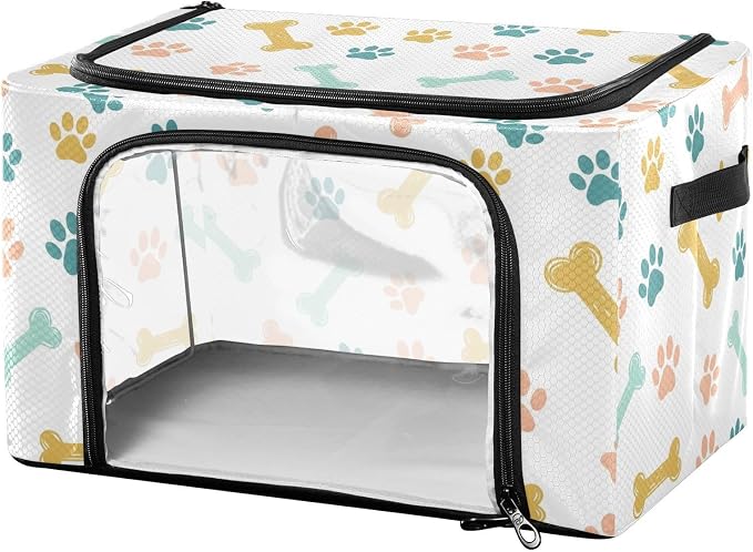 Pet Paw White print Under Bed Storage Containers with Double Zipper Openings, Foldable Clothes Storage Bins with Clear Window and Handles for Comforters Bedding Blankets