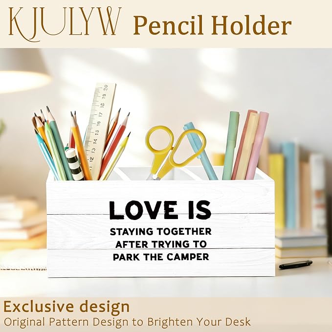 Camping Gifts Pen Holder for Desk, Camping Gifts for Couples, Love is Staying Together Camper Wooden Box Pencil Pen Holder Organizer for Home Office Desk Accessories