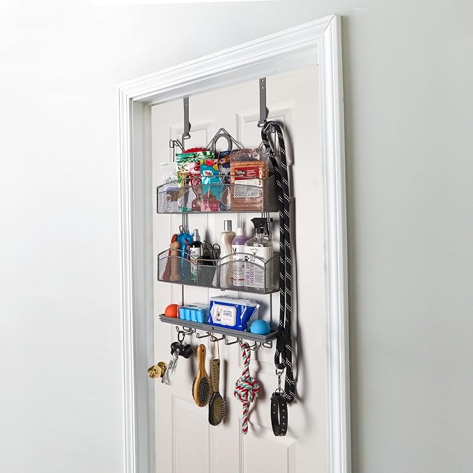 Over The Door #3100 Hanging Storage for Keys and Pet Supplies, All-in-One Rack in Grey Patented