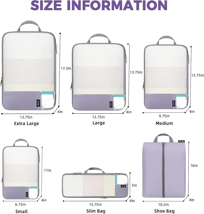 BAGAIL Lightweight Compression Packing Cubes for Travel, 6 Set,Dusty Purple | Salis Nylon Fabric,Anti-Tearing,Save Space,SBS Zippers,Packing List,PVC Tag Pocket,Custom Labels,Visible Mesh,Portable Handel