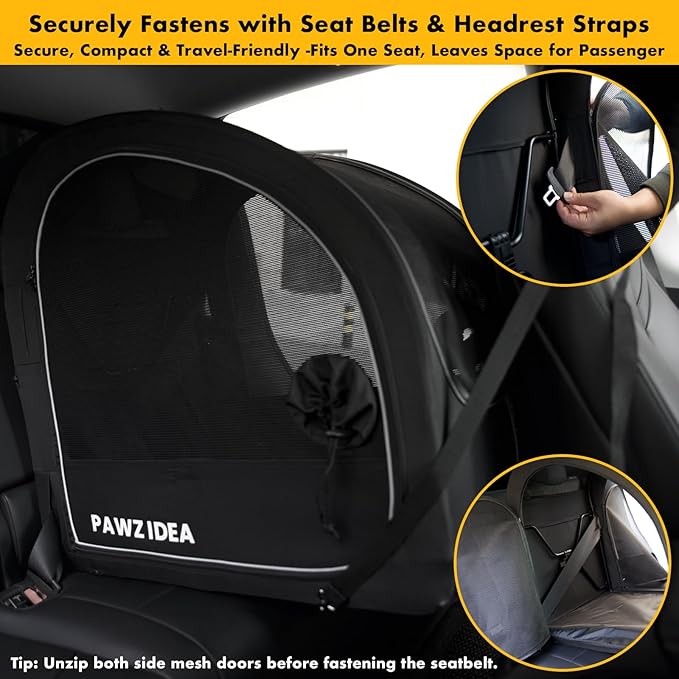 PAWZIDEA Portable Dog Crate for Car Travel, Medium & Large Dogs Up to 80lbs | Enclosed Soft-Sided Dog Car Kennel for Backseat, Secures w/ Seatbelt & Headrest Strap, Collapsible Car Carrier, Chew-Proof