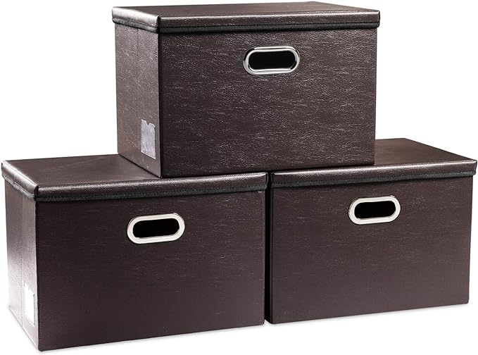 Collapsible Storage Bins with Lids [3-Pack] Leather Fabric Foldable Storage Boxes Organizer Containers Baskets Cube with Cover for Bedroom Closet Office Nursery Brown (14.9x10.8x10)