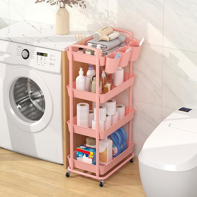 4-Tier Plastic Rolling Storage Cart Utility Cart with Extra Hanging Cups Handles Lockable Wheels for Living Room Bathroom Kitchen Office Pink | Utility Cart with Extra Hanging Cups Arc-Shaped Handles Lockable Wheels for Living Room Bathroom Kitchen Office