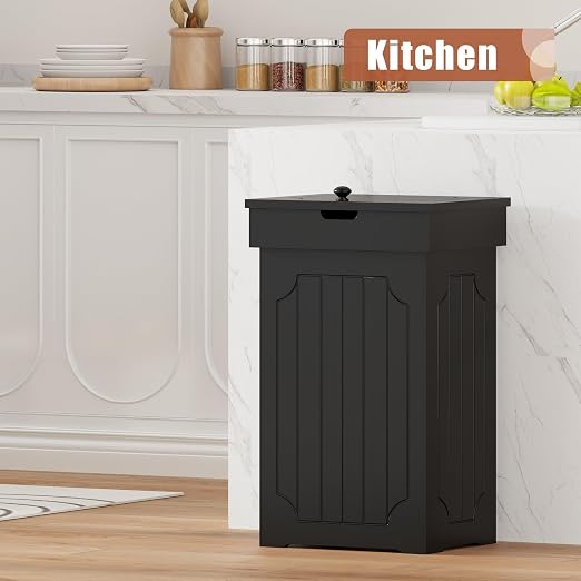 Function Home Trash Can Cabinet, 13 Gallon Kitchen Garbage Can, Wood Recycling Trash Bin, Freestanding Dog Proof Trash Can, Farmhouse Trash Cabinet with Lid for Home Kitchen Bathroom, Black