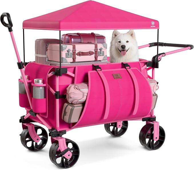 EVER ADVANCED Folding Push Wagon with Canopy, Shopping Cart with Brakes | Portable Collapsible Wagon Cart with All-Terrain Big Wheels for Camping, Beach, Sports