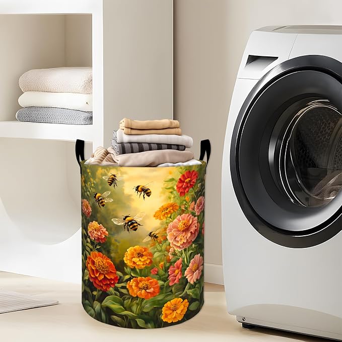 Bee Flower Laundry Basket, Garden Floral Insect Daisy Storage Hamper, Round Collapsible Waterproof Cloth Bin, 19.7x15.7 Inch Spring Clothes Organizer Gifts for Bathroom Decor