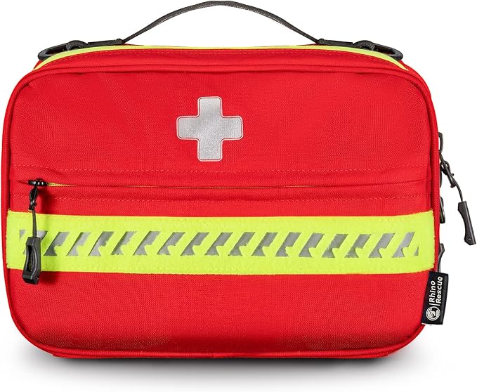 RHINO RESCUE Organized First Aid Kit, Labeled Medical Kit Fully Stocked | Labeled Storage Space with Zip Stitch Wound Closure, Ideal for Car, Travel, Hiking, Home, Businesses, HSA/FSA Approved(Large)